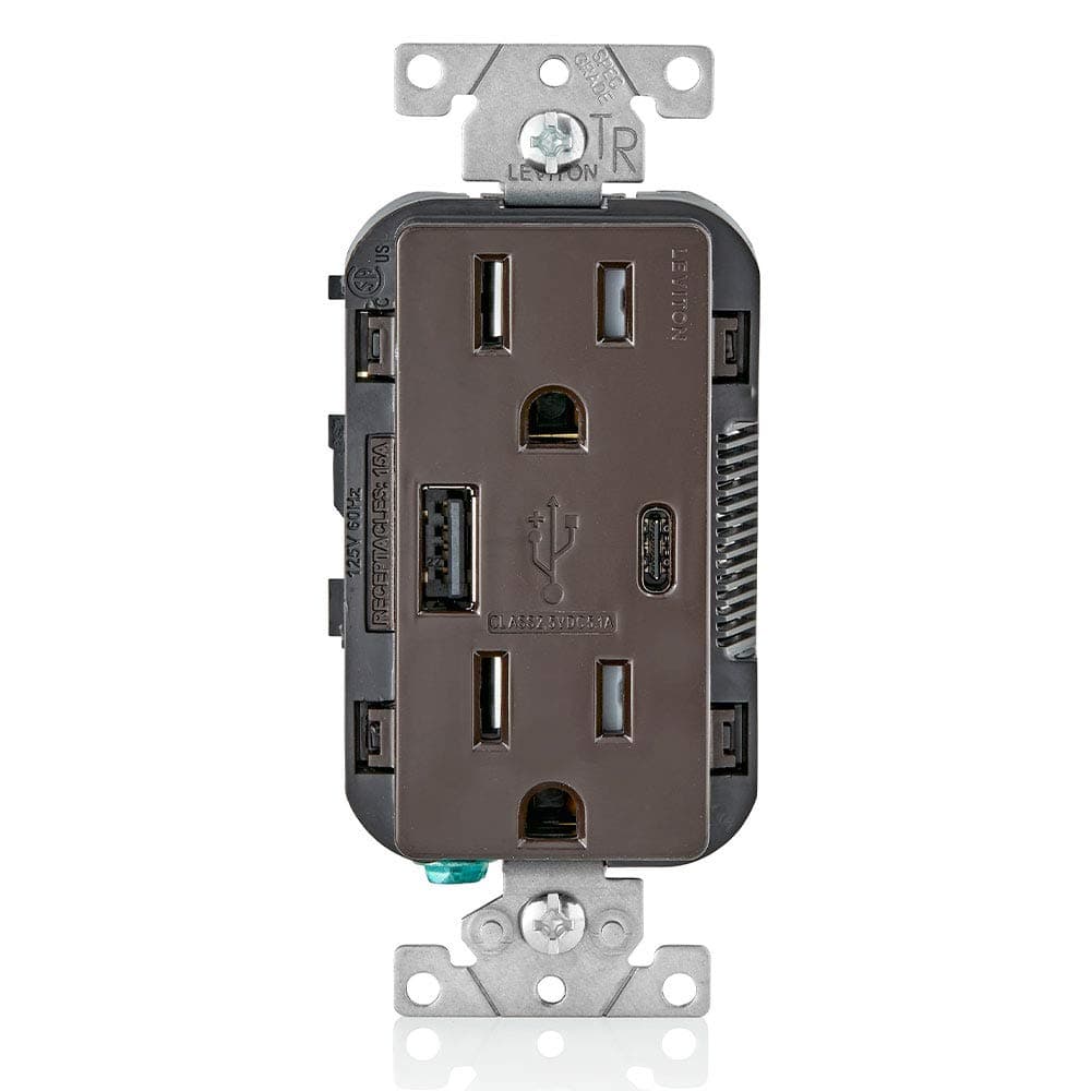 Carregador de parede Leviton T5633-B Type A & Type-C USB com saída à prova de violação de 15A, carregador USB para smartphones e tablets. Não para laptops, marrom.