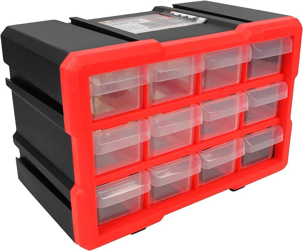 Gabinete de armazenamento com 12 gavetas interligadas e corrediças de rolamento de esferas para organização de garagem, oficina e ferramentas.