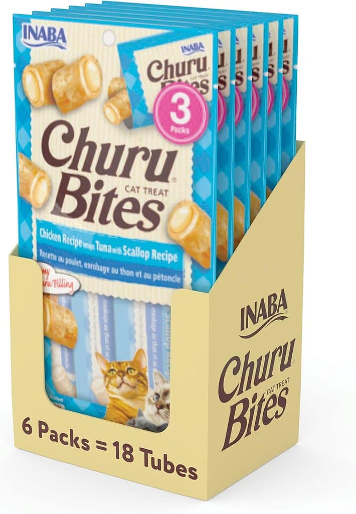 INABA Churu Bites para Gatos, Petiscos Macios e Mastigáveis com Recheio Cremoso de Churu, Vitamina E e Extrato de Chá Verde, 0,35 Onças por Tubo, 18 Tubos no Total (3 por