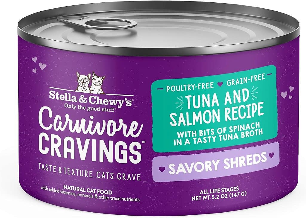 Stella & Chewy's Carnivore Cravings Savory Shreds Latas - Sem Grãos, Comida Molhada Rica em Proteínas para Gatos - Receita de Atum e Salmão Pescados Selvagens - (Latas de 2,