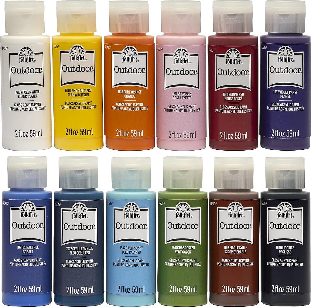 Tinta Acrílica Brilhante para Artesanato Outdoor FolkArt, Set de 12 Garrafas de 2 oz, 24 fl oz, Desenvolvido para Iniciantes e Artistas, Fórmula Não Tóxica Perfeita