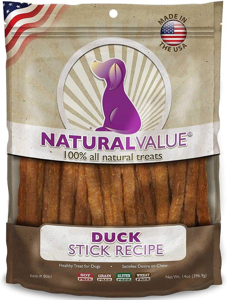 Palitos de pato mastigáveis naturais Loving Pets Natural Value para cães, 14 onças.