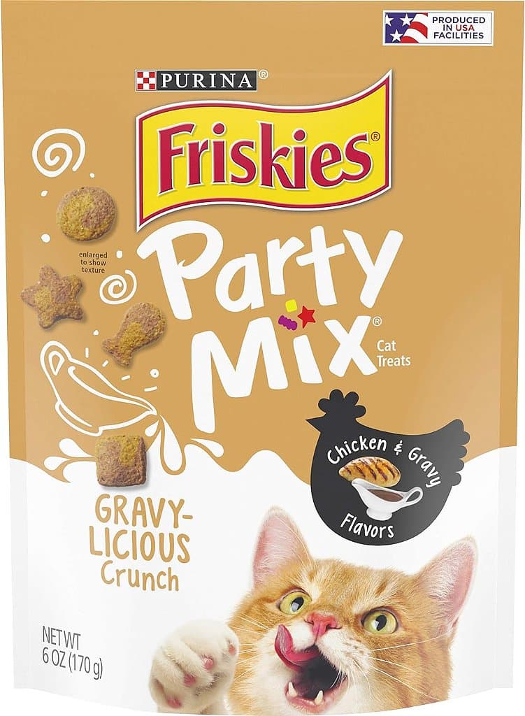 Petiscos para gatos Friskies da Purina, feitos em instalações dos EUA, Party Mix Crunch Sabores de Frango e Molho de Gravylicious - (6) Pouches de 6 oz.