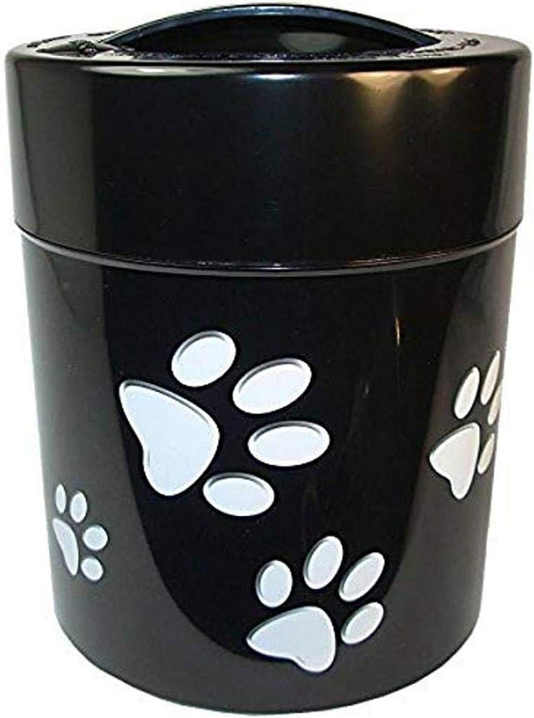 Recipient Pawvac de 2,5 libras para armazenamento de comida para animais de estimação selada a vácuo; Tampa e corpo pretos/ Patas brancas.