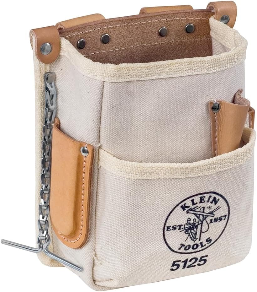 Bolsa de ferramentas Klein Tools 5125 Canvas e Leather de 5 bolsos com corrente, alça para fita métrica e conexão de cinto de túnel