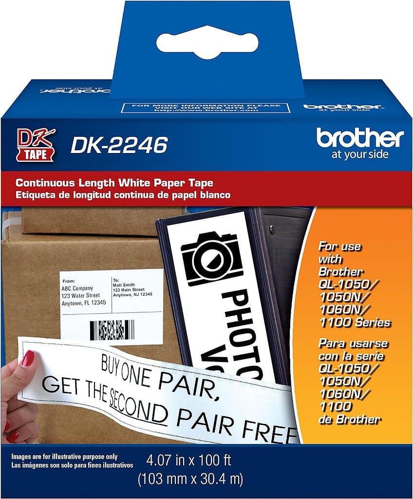 Papel de rótulo Brother Genuine DK-2246 para impressoras de rótulos Brother QL - Rolo contínuo de etiquetas de papel preto sobre branco, 4,07 x 100' (103mm x 30,4m)