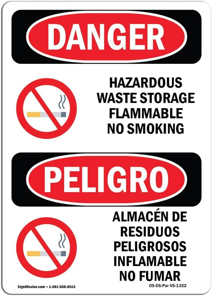 Placa de Perigo OSHA - Armazenamento de Resíduos Perigosos Proibido Fumar Bilíngue | Placa de Alumínio | Proteja seu Negócio, Canteiro de Obras, Área de Loja | Fabricado nos