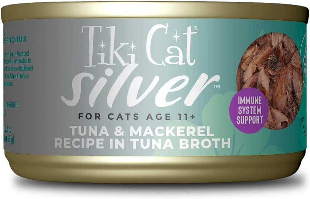 Mousse de conforto prata Tiki Cat + flocos, Receita de Atum & Cavala em caldo de Atum, Fórmula de apoio ao sistema imunológico formulada para gatos mais velhos a partir de 11 anos, Comida