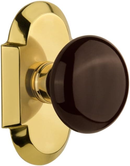 Placa de Casa Nostálgica com Maçaneta de Porta de Porcelana Marrom, Modelo Duplo Inativo, Latão Polido