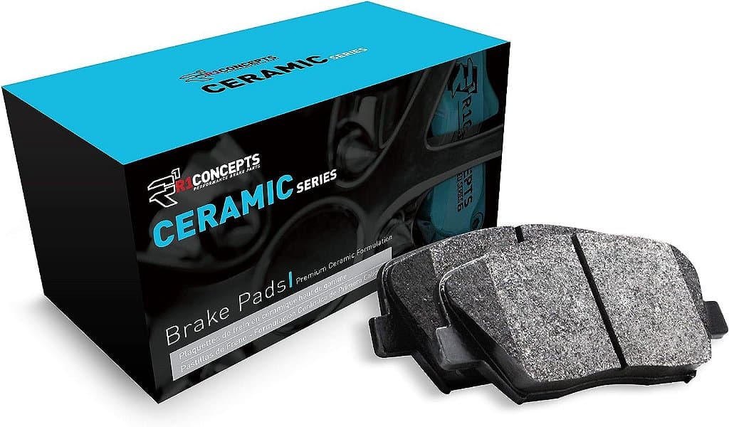 Pastilhas de freio traseiras da série cerâmica R1 Concepts com acabamento em borracha de aço e borracha | Serve para Jaguar S-Type 2003-2005, Jaguar Vanden Plas 2004, Jaguar XJ8 2004.