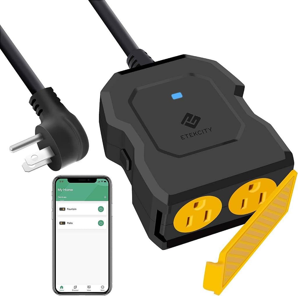 Tomada inteligente, tomada externa para casa inteligente Etekcity WiFi com 2 soquetes para luzes externas, função de temporizador e monitoramento de energia, funciona com Alexa e Google Home, controle remoto sem fio, lista ETL