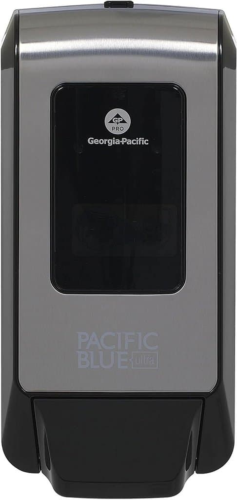 Dispensador manual de parede Pacific Blue Ultra para sabonete espumante e álcool em gel para as mãos, da GP PRO (Georgia-Pacific); Aço inoxidável escovado; 53060; 11,5 L x 5,6