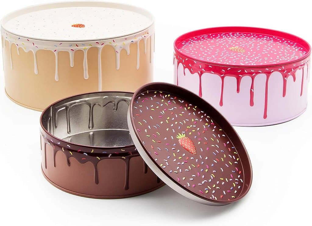 Caixas de bolo Suck UK: recipiente para bolo e latas de biscoito com tampa para presentear, recipiente de armazenamento de bolo em camadas com design em cascata, pote de biscoito para decorar a cozinha,