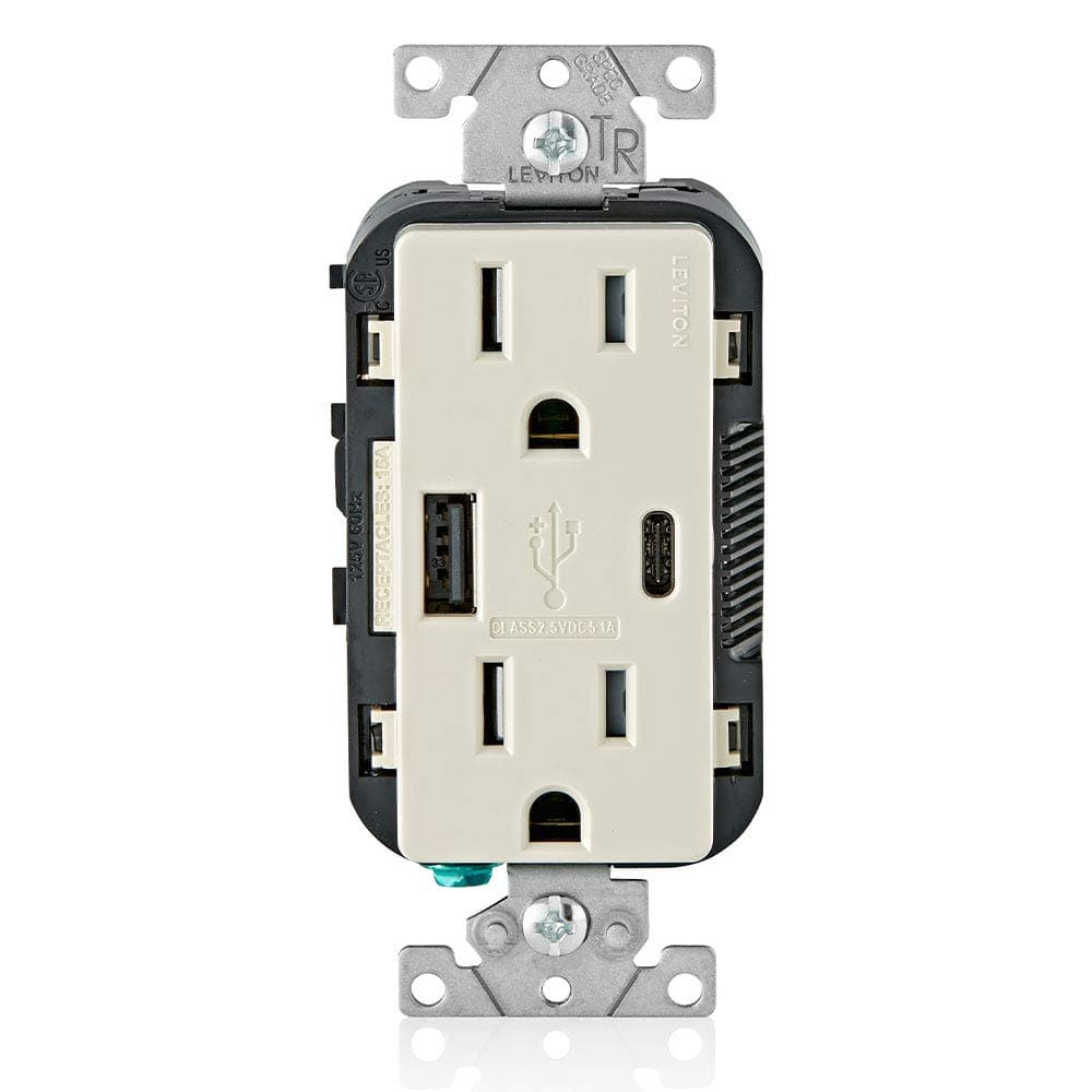 Carregador de Parede Leviton T5633-T Tipo A & Tipo-C USB com Tomada de 15A à Prova de Violação, Carregador USB para Smartphones e Tablets. Não para Notebooks, Bege Claro.